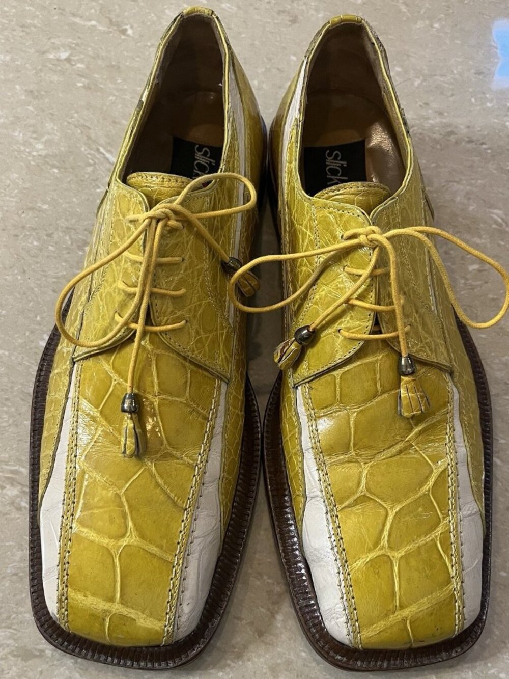 Slick Exotica Genuine Hornback Alligator Shoes Yellow White Oxford Loafers Sz 9
